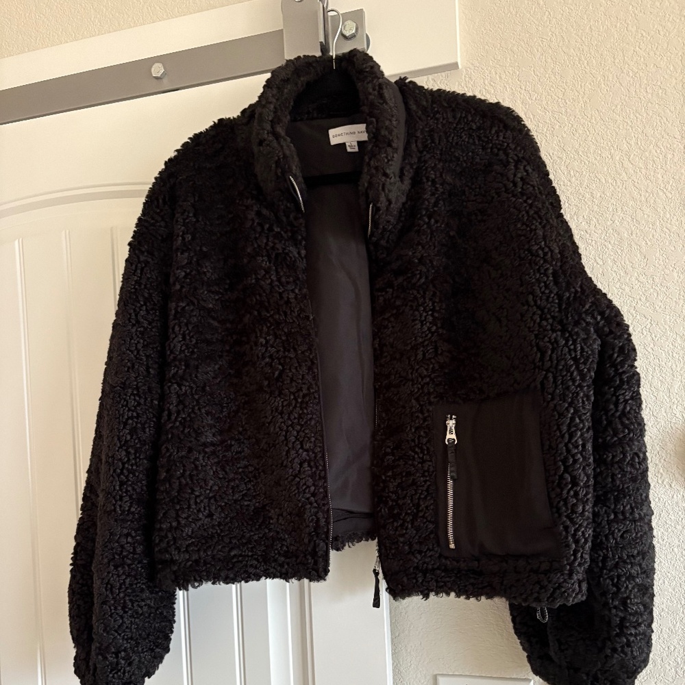 NEW "SOMETHING NAVY🔥" Color Black Teddy Patch Pocket Warm Winter Jacket Large L - Picture 7 of 12
